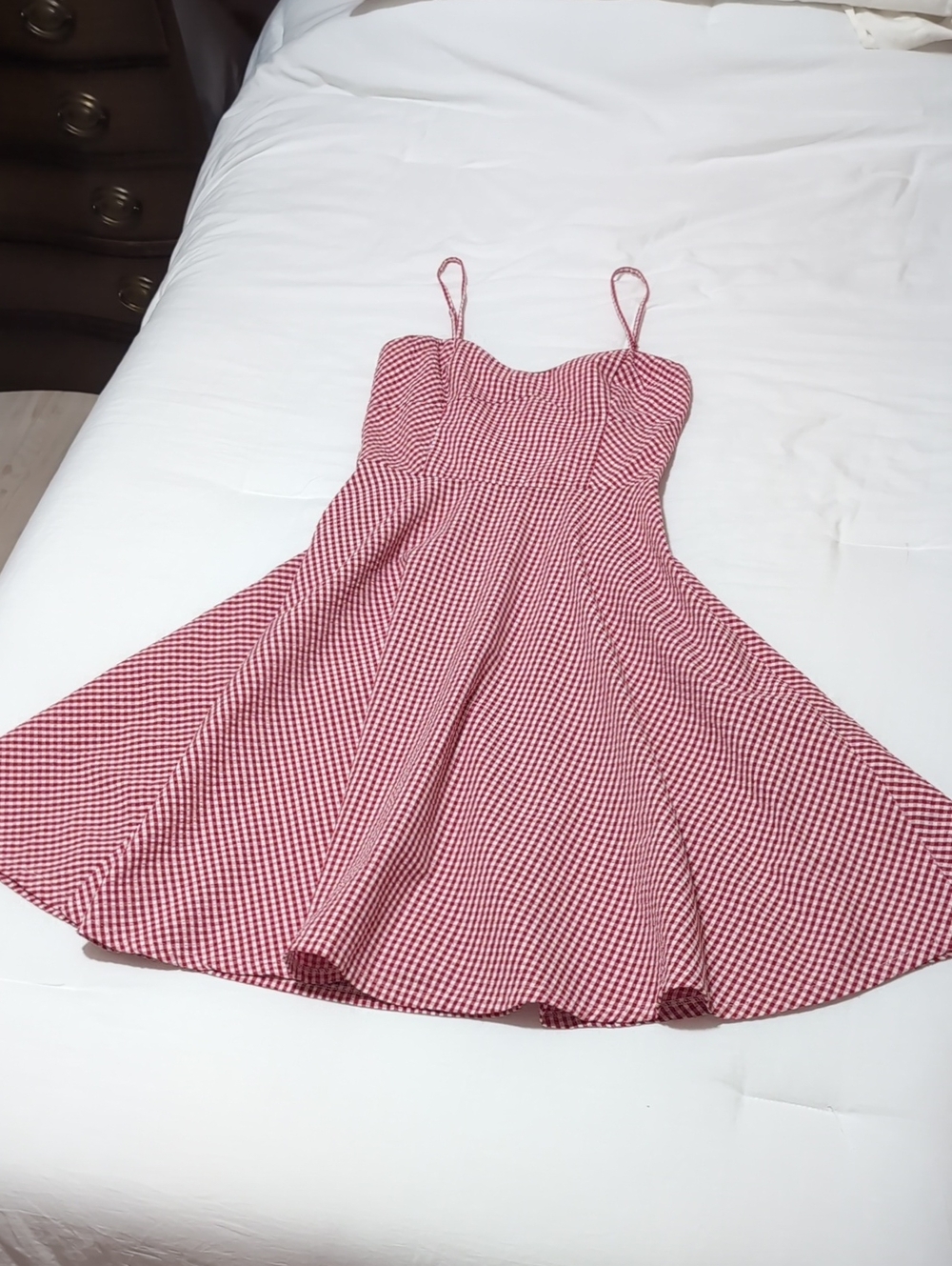 Vtg Red Gingham Spaghetti-Strap Midi Dress